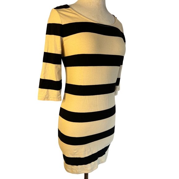 Xaci Women’s Dress Large Fitted Black Beige Mini Stretch 3/4 Sleeve Stripes - Picture 8 of 14